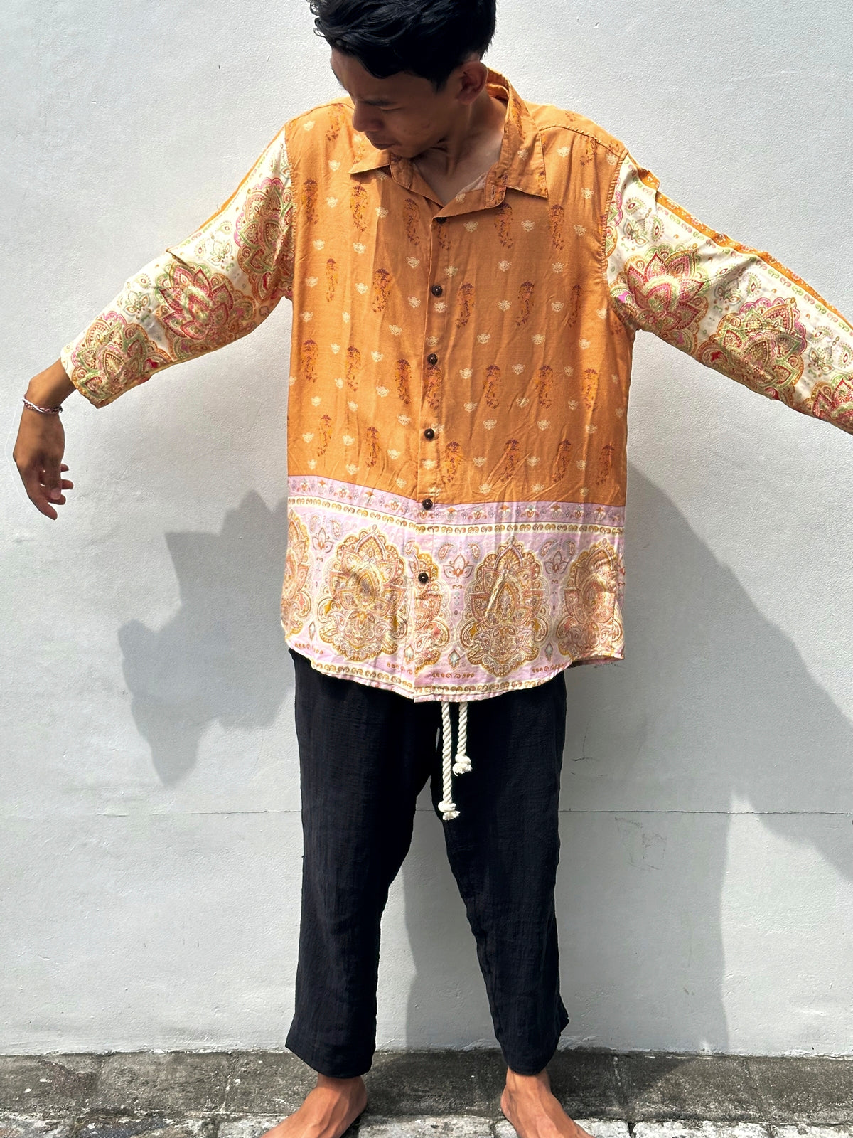 Enki 100% Cotton Orange Paisley 3/4 Sleeve Button-Up Collared Shirt