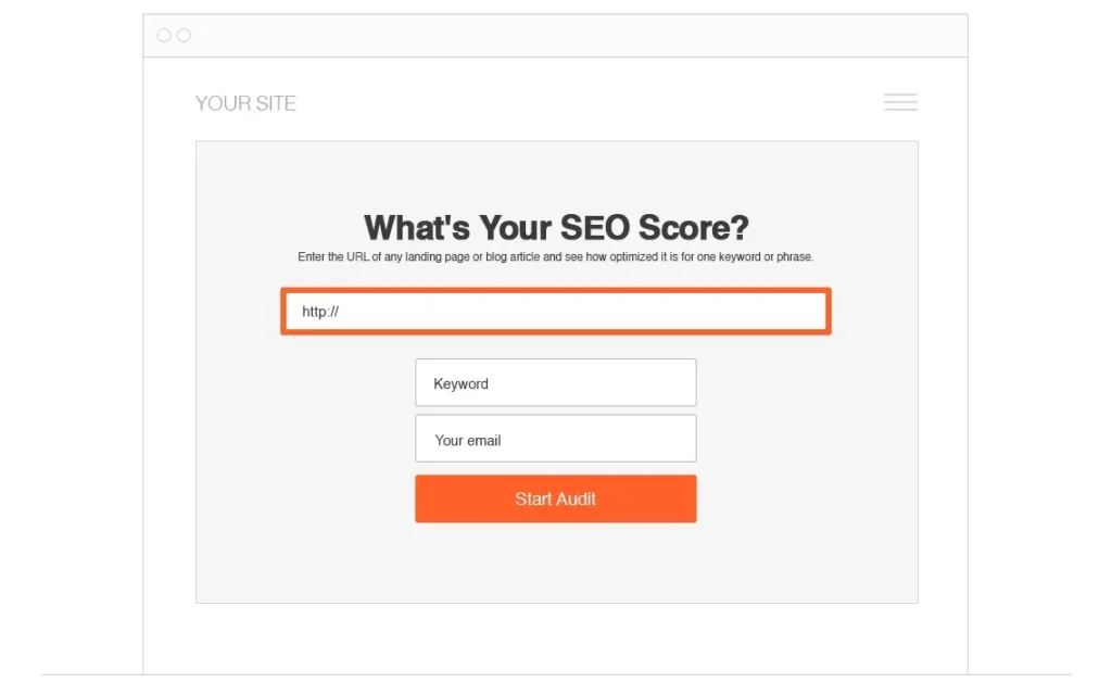 MySiteAuditor dashboard with fields to enter a URL, keyword, and email for an SEO score audit.