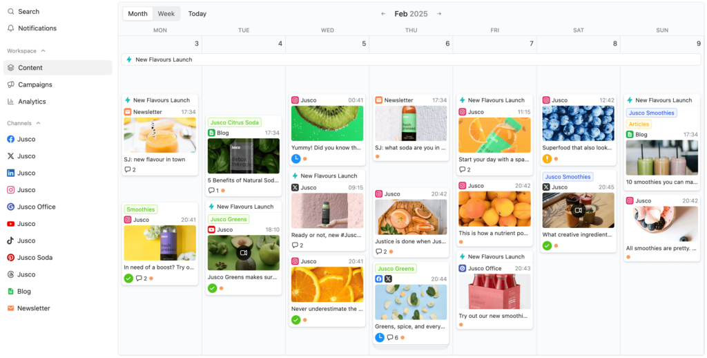 Planable content calendar interface showing a schedule for February 2023. The calendar includes various tasks and events related to juice products, such as 'New Flavours Launch,' 'In need of a boost?,' and 'What creative ingredient.' Each event has associated images, icons, and tags indicating different types of activities like social media posts, campaigns, or analytics.