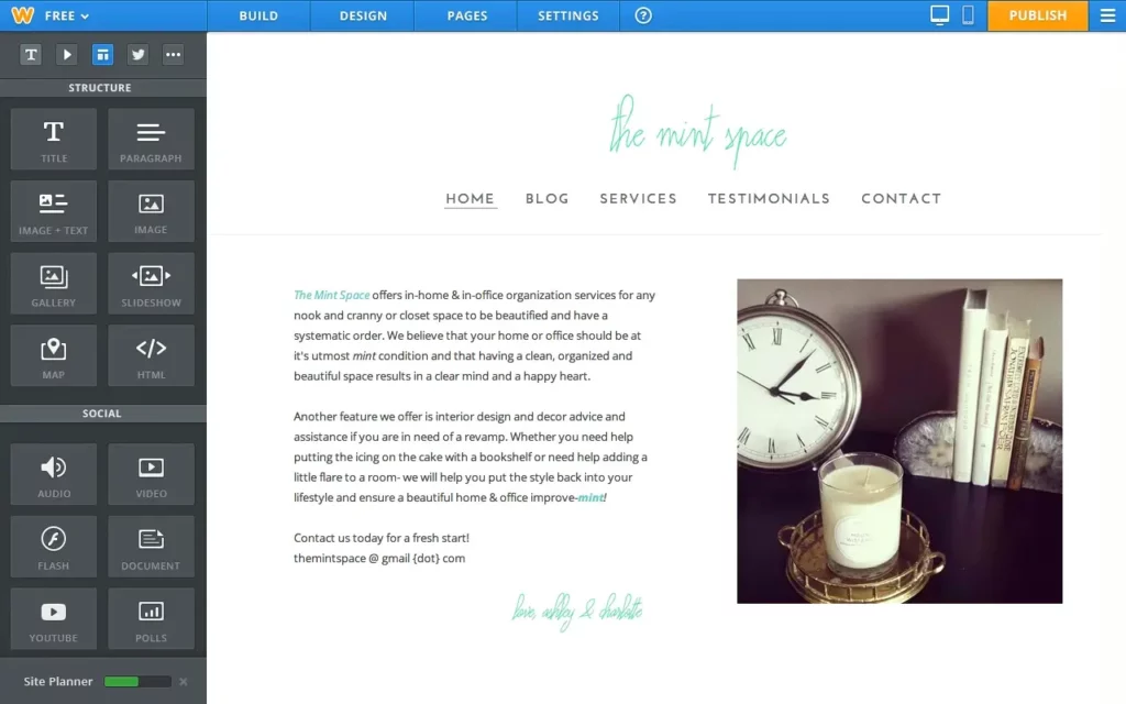 Weebly page design dashboard showing a website preview with a menu, text, and image, and a left sidebar containing drag-and-drop elements.