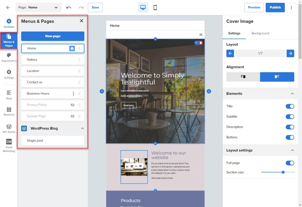 Bluehost website builder interface showing the editing screen for a webpage. The left panel lists page options like Home and Gallery. The central panel previews the webpage with sections titled 'Welcome to Simply Tealightful' and images of a dining area and kitchen. The right panel contains settings for Cover Image layout and elements.