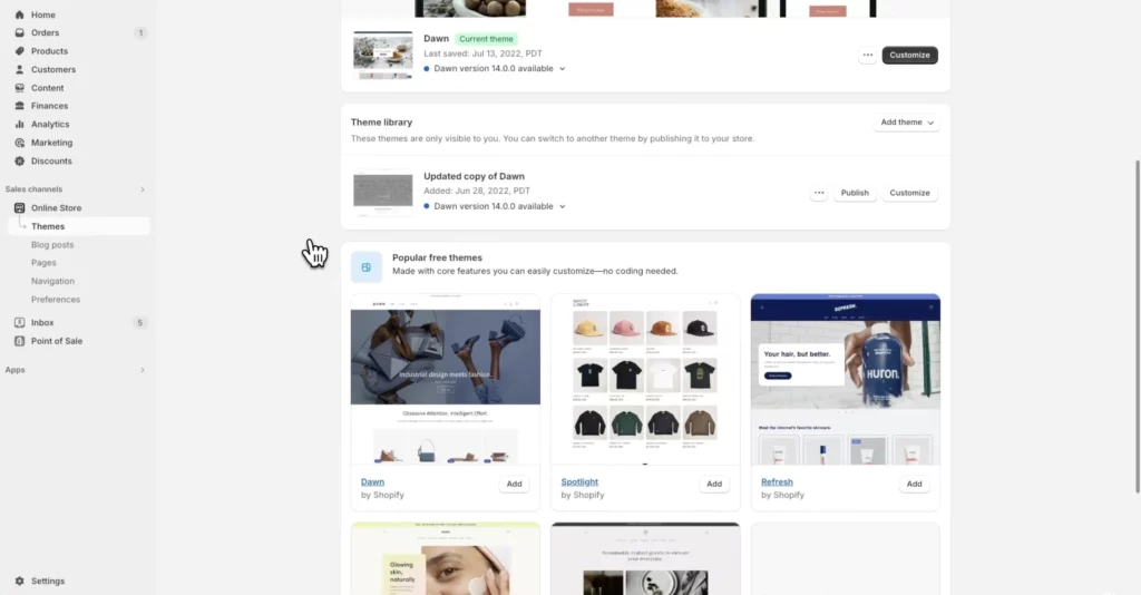 Shopify theme library showing a grid of available website themes with preview thumbnails, each displaying different homepage layouts