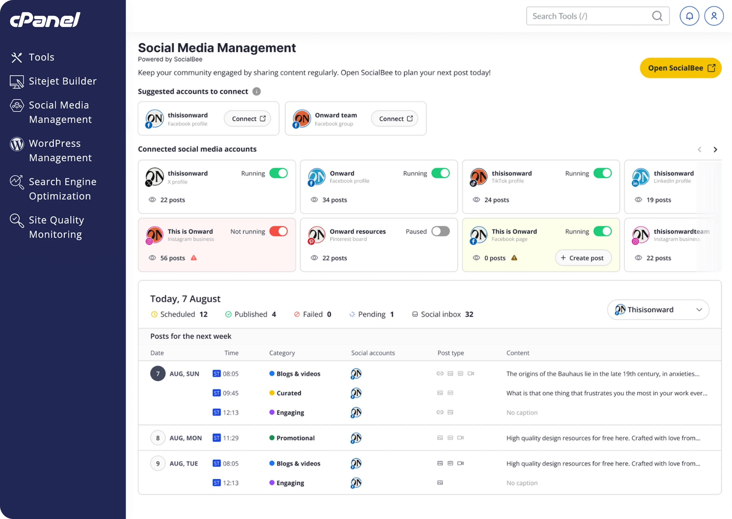 cPanel's "Social Media Management", powered by SocialBee, displaying connected social media accounts, suggested accounts, and a schedule of upcoming posts.