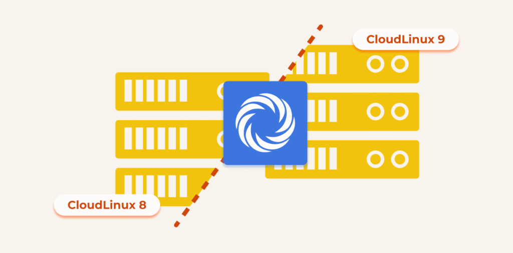 The CloudLinux logo overlaps two sets of servers. 'CloudLinux 8' and 'CloudLinux 9' are in text.