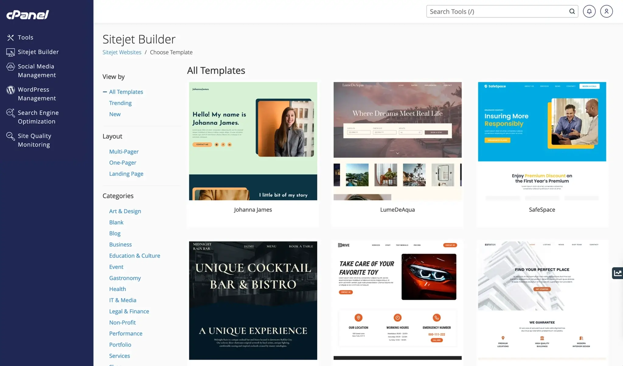 Sitejet AI Website Builder in cPanel creating a professional site