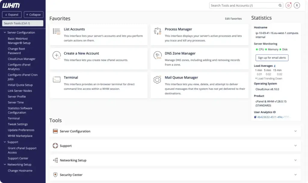 cPanel WHM favorites dashboard with quick-access tools